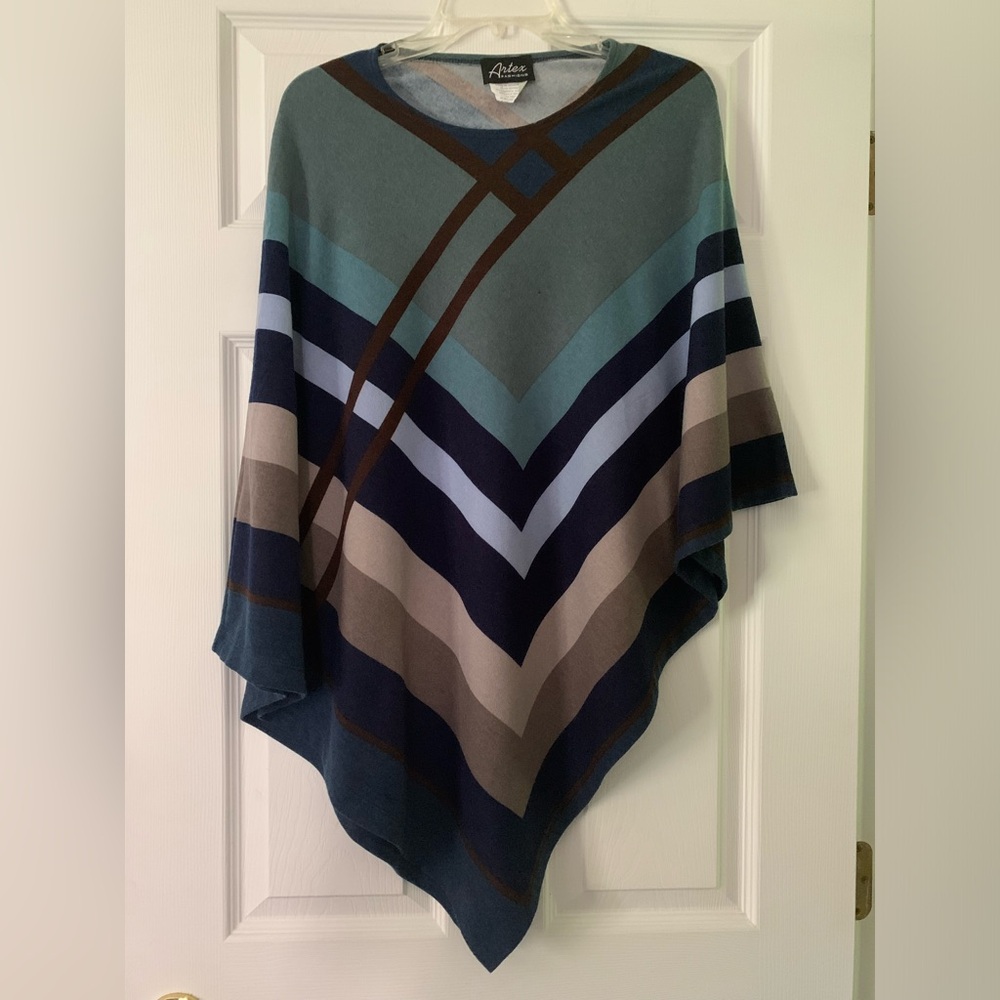 Artex Fashions Women’s Shawl Cape Wrap Diamond Stripes Blue Brown Green One Size